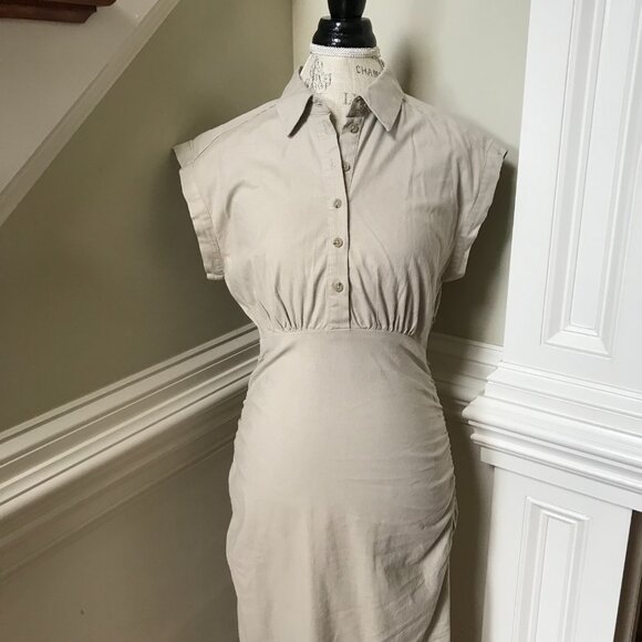 Anthropologie Cap Sleeve Ruched Shirt Dress Womens Small Khaki Tan Stretch Maxi - Picture 4 of 12
